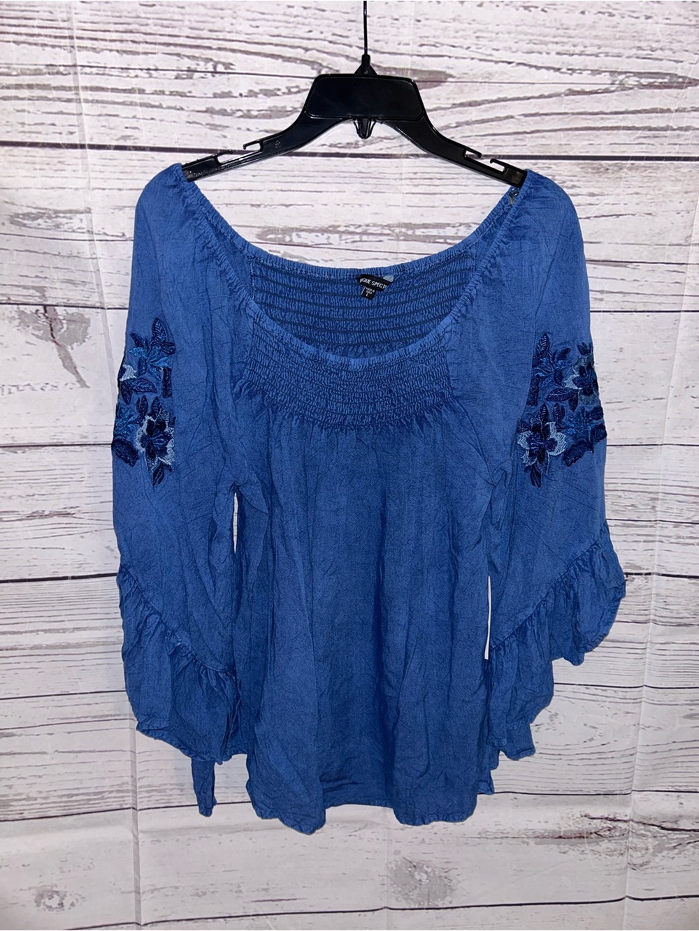 NWT Blue Shirt with floral embroidered sleeves
